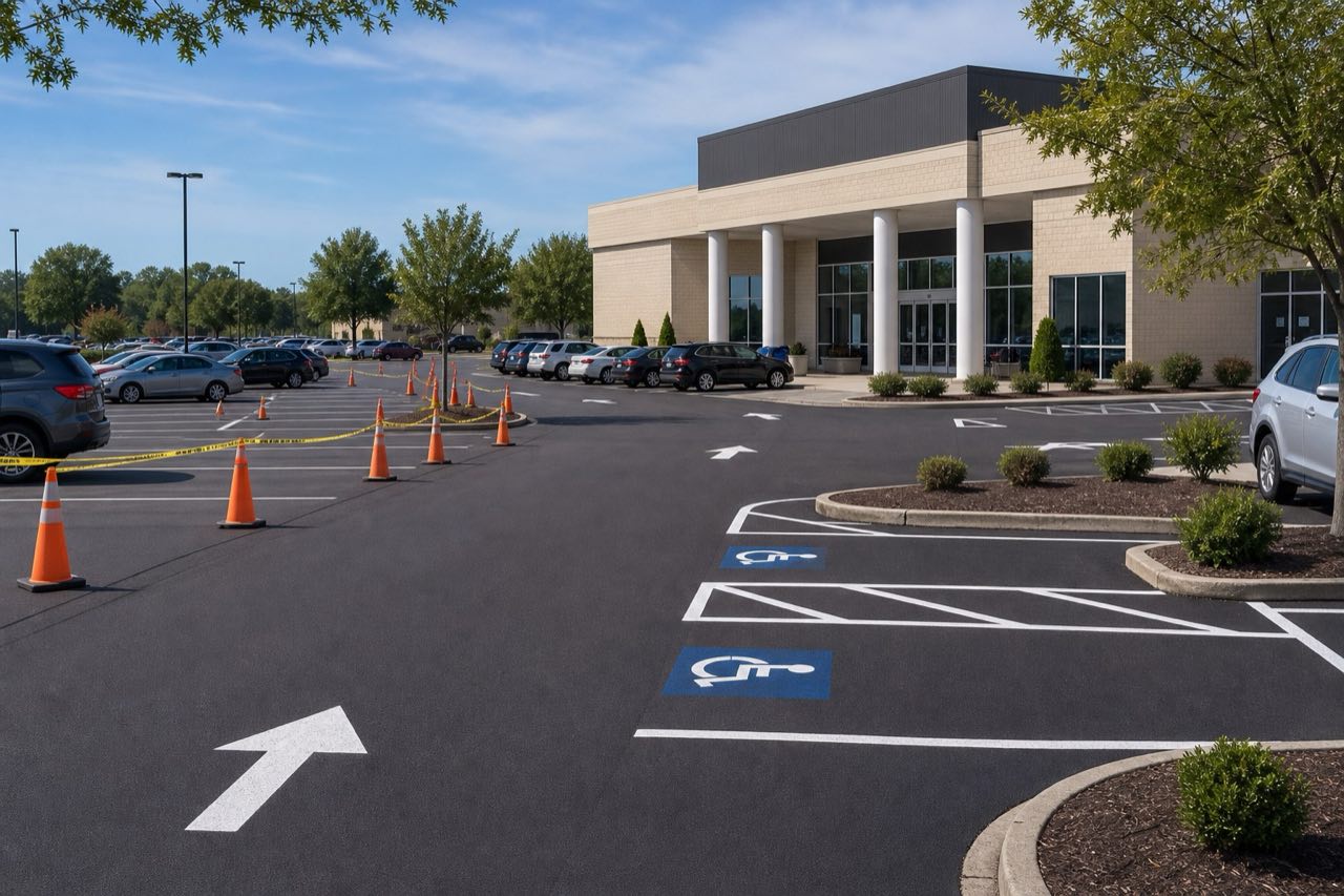 Phased commercial parking lot with accessible markings and active parking