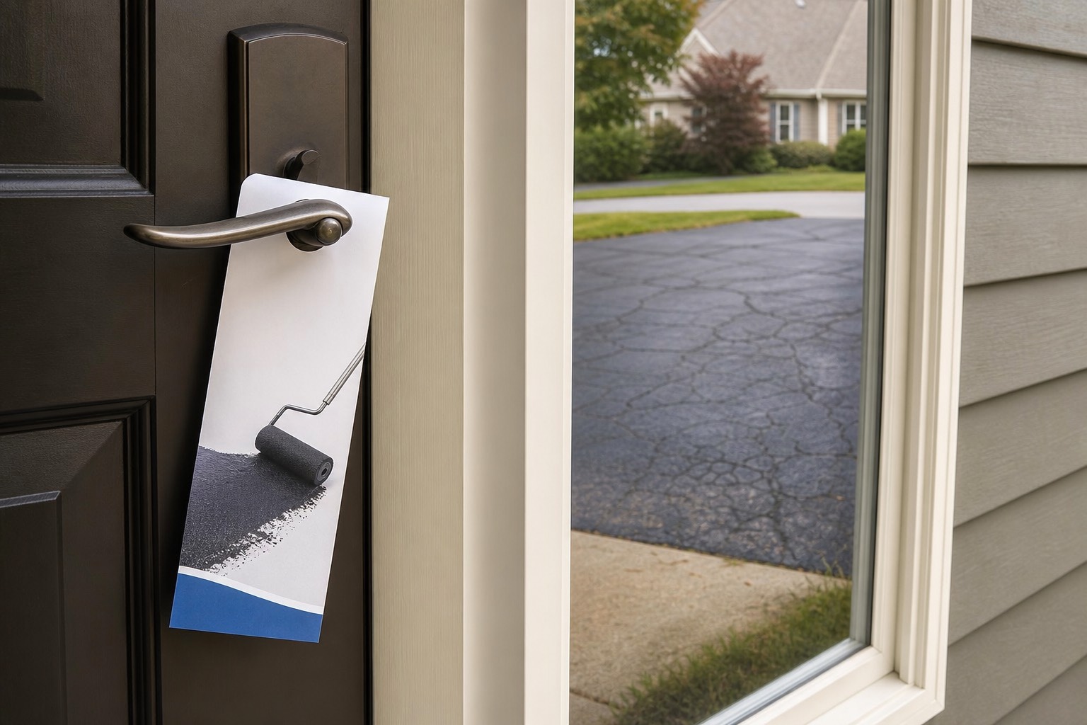 Generic unbranded driveway-service flyer on a residential door handle