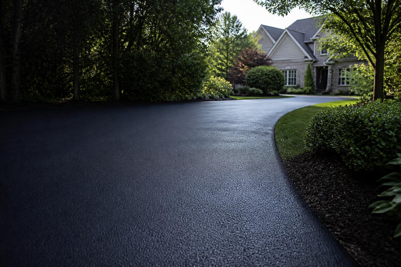 Residential asphalt driveway in High Point-area landscaping