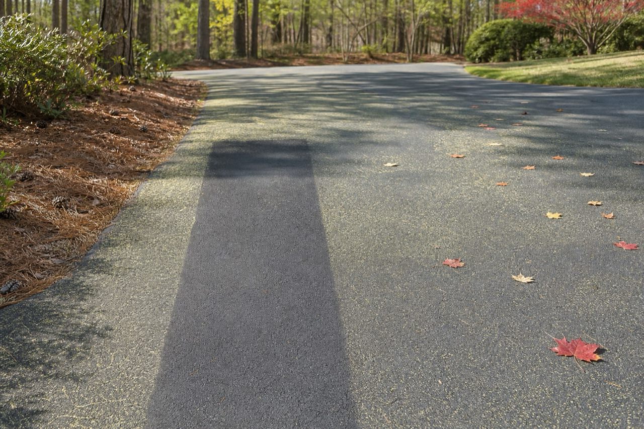 Pollen-dusted asphalt with a clean strip and early autumn leaves